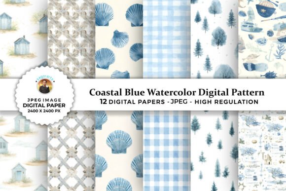 Download Coastal Blue Watercolor Digital Patterns - Digital Collection