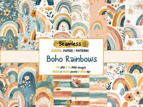 Download Boho Rainbows Seamless Digital Papers - Digital Collection