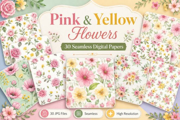 Download Pink &amp; Yellow Flowers Digital Pattern - Digital Collection