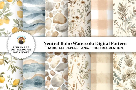 Download Neutral Boho Watercolor Digital Patterns - Digital Collection