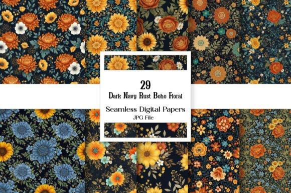 Download Dark Navy Rust Boho Floral Digital Paper - Digital Collection