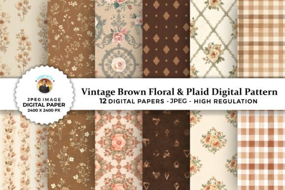 Download Brown Floral &amp; Plaid Digital Patterns - Digital Collection